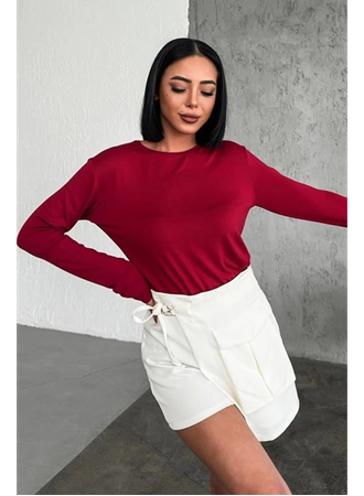 Rahat Ve Şık Uzun Kollu Bisiklet Yaka Likralı Viskon Penye Body Bordo (