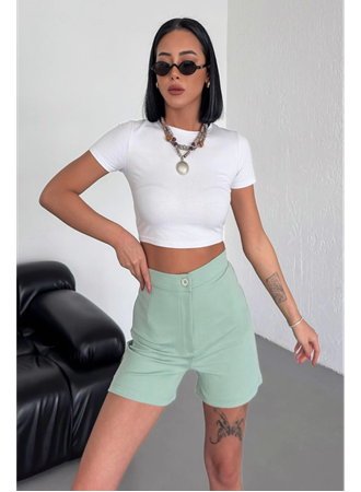 Tarz ve Rahatlığı Bir Arada Sunan Yüksek Bel Esnek Likralı Krep Şort Su Yeşili (