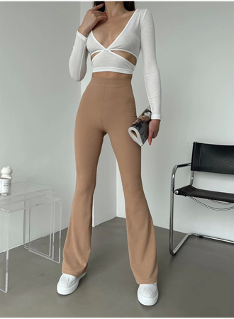 Şık Ve Rahat Yüksek Bel İspanyol Paça Fitilli Toparlayıcı Bej Tayt (