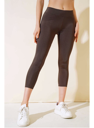 Esnek Yüksek Bel Kahverengi Uzun Parlak Disco Tayt (