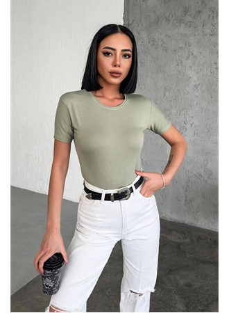 Rahat Ve Şık Kısa Kollu Bisiklet Yaka Likralı Viskon Penye Body Haki (