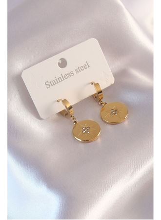 Çelik Gold Renk Kutup Yıldızı İşleme Zirkon Taşlı Kadın Küpe