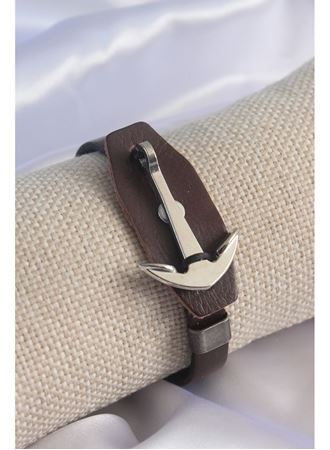 Kahverengi Deri Model Gümüş Renk Çapa Figür Erkek Bileklik