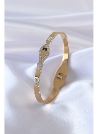 316L Çelik Gold Renk Yılan Model Zirkon Taş Detay Kadın Kelepçe