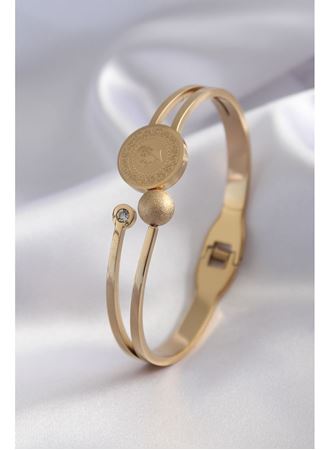 316L Çelik Gold Renk Çeyrek Altın Zirkon Taş Detay Kadın Kelepçe