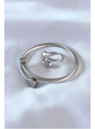 Çelik Gümüş Renk Sıkı Burgu Model Erkek Bileklik Yüzük Seti