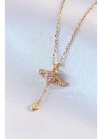 316L Çelik Gold Renk Kanatlı Kalp Model Zirkon Taş Detay Kadın Kolye