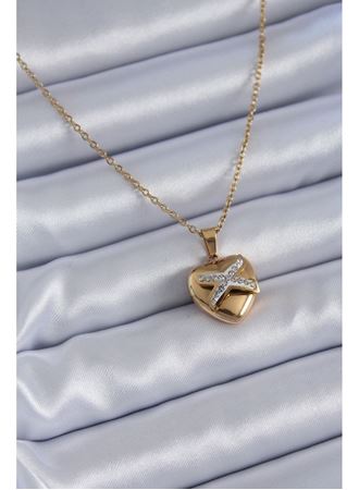 316L Çelik Gold Renk Zirkon Detay Kalp Model Kadın Kolye