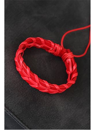 Kırmızı Örgü Deri Erkek Bileklik