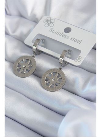 316L Çelik Gümüş Renk Kutup Yıldızı Model Zirkon Taş İşleme Detay Kadın Küpe