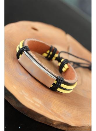 Metal Aksesuarlı Sarı Siyah Renk Deri Erkek Bileklik