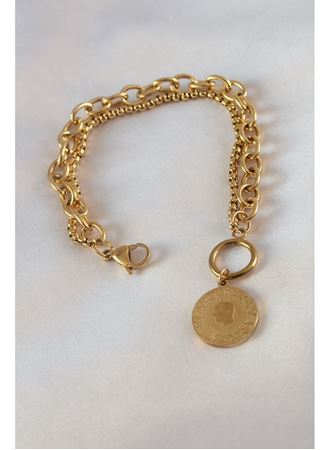 316L Çelik Gold Renk 2'li Zincir Model Çeyrek Altınlı Kadın Bileklik