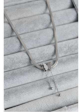 316L Çelik Gümüş Renk İtalyan Zincir Model Simli Kelebek Figür Kadın Kolye