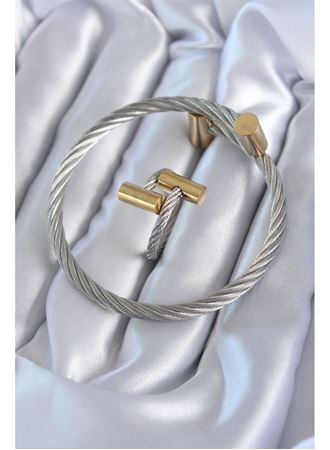 316L Çelik Gümüş Renk Gold Detay Sarmal Model Erkek Bileklik Yüzük Kombini