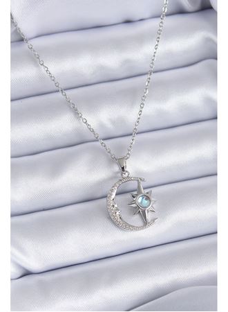 316L Çelik Gümüş Renk Zirkon Taşlı Ay Yıldız Model Kadın Kolye