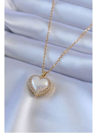 316L Çelik Gold Renk İncili Kalp Model Zirkon Taşlı Kadın Kolye