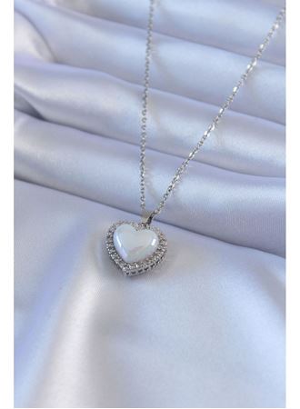 316L Çelik Gümüş Renk İncili Kalp Model Zirkon Taşlı Kadın Kolye