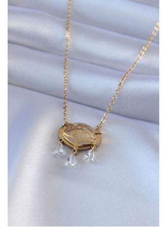 316L Çelik Gold Renk Lotus Model Zirkon Taşlı Kadın Kolye