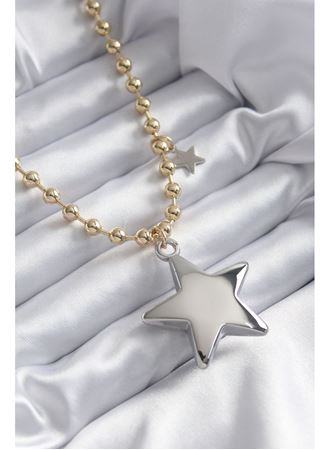 Pirinç Gold Renk Topçuk Zincir Gümüş 3D Yıldız Model Yıldız Detay VİP Kadın Kolye