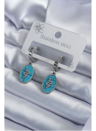 316L Çelik Gümüş Renk Oval Mavi Taşlı Yılan Figür Kadın Küpe