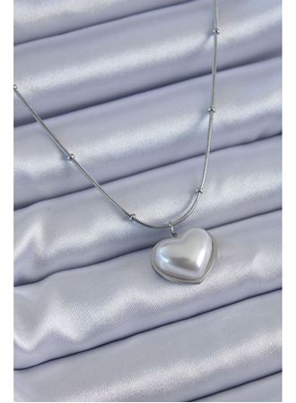 316L Çelik Gümüş Renk İncili Kalp Model Minimal Top Detay Kadın Kolye