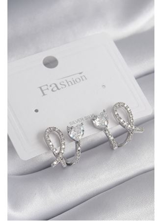 Pirinç Gümüş Renk Kalp Model Zirkon Taşlı Kadın Küpe