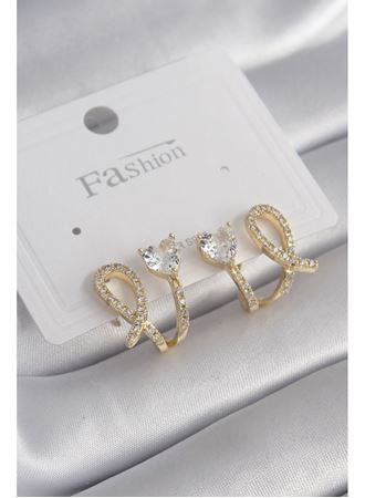 Pirinç Gümüş Renk Zirkon Taşlı Kalp Model Kadın Küpe