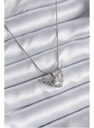 316L Çelik Gümüş Renk Zirkon Taşlı Boynuz Model Kadın Kolye