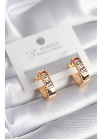 Pirinç Gold Renk Renkli Zirkon Taşlı Kadın Küpe