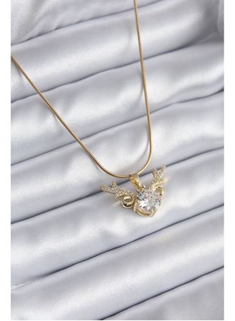 316L Çelik Gold Renk Zirkon Taşlı Boynuz Model Kadın Kolye