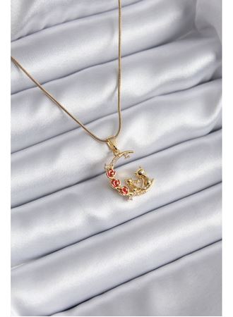 316L Çelik Gold Renk Hilal Kedi Model Zirkon Taşlı Detay Kadın Kolye