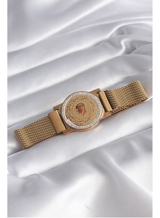 316L Çelik Gold Renk Mıknatıslı Hasır Zirkon Taşlı Çeyrek Altın Model Kadın Bileklik