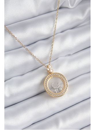 316L Çelik Gold Renk Zirkon Taş Detay Ay Yıldız Fanus Model Kadın Kolye