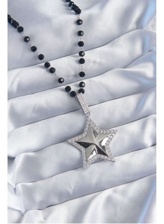 Gümüş Renk Siyah Boncuk Zirkon Taşlı Pirinç Yıldız Model VİP Seri Kadın Kolye