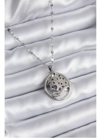 316L Çelik Gümüş Renk Zirkon Taşlı Jaguar Model Kadın Kolye