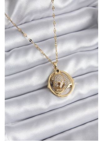 316L Çelik Gold Renk Zirkon Taşlı Jaguar Model Kadın Kolye