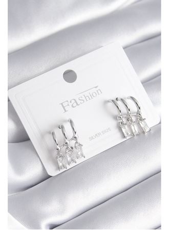 Pirinç Gümüş Renk 3'lü Sallantı Zirkon Taşlı Küpe