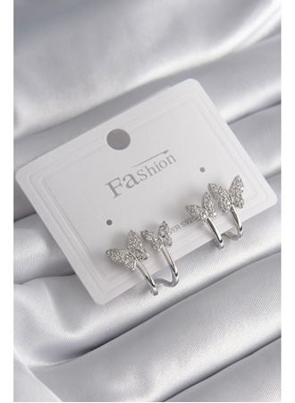 Pirinç Gümüş Renk Zirkon Taşlı Kelebek Model Kadın Küpe
