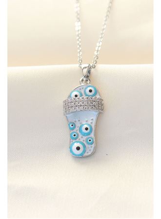 316L Zinciri Çelik Zirkon Taşlı Gümüş Renk Nazar Boncuklu Terlik Kolye