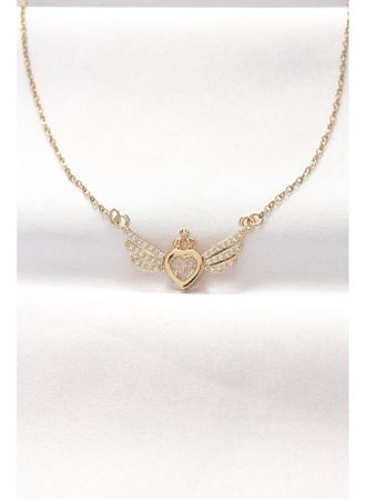 316L Çelik Gold Renk Zirkon Taşlı Kalpli Kanat Kolye