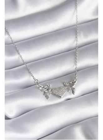 316L Çelik Gümüş Renk Zirkon Taşlı Kanat Kalp Model Kadın Kolye
