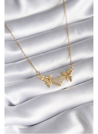 316L Çelik Gold Renk Zirkon Taşlı Kanatlı Kalp Model Kadın Kolye