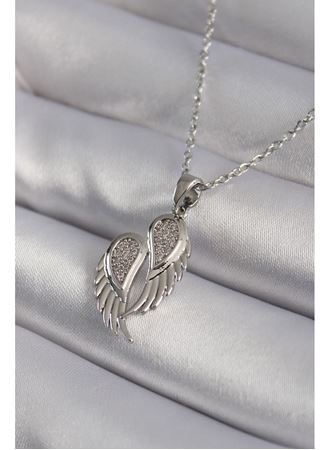316L Çelik Gümüş Renk Zirkon Taşlı Kanat Model Kadın Kolye