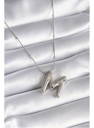 316L Çelik Gümüş Renk Bubble "M" Harf Model Kadın Kolye