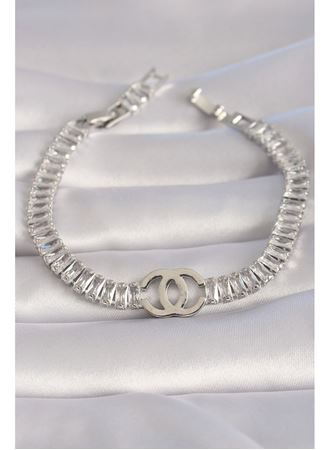 Pirinç Gümüş Renk Zirkon Taşlı Su Yolu Model VIP Seri Kadın Bileklik