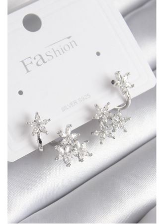 Pirinç Gümüş Renk Zirkon Taşlı Çiçek Tasarım Kadın Küpe