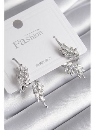 Pirinç Gümüş Renk Zirkon Taşlı Yaprak Model Kadın Küpe