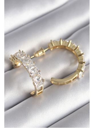 Pirinç Gold Renk Zirkon Taşlı Halka Model Kadın Küpe