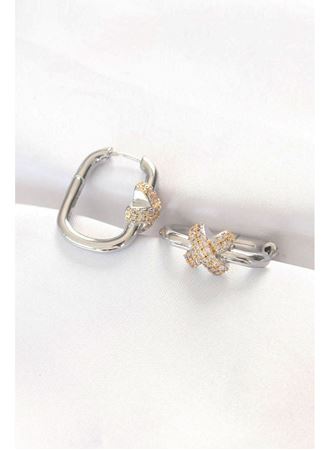 Pirinç Çift Renk Taşlı X Tasarımlı Dikdörtgen Küpe