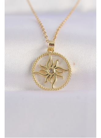 316L Çelik Zincir Altın Renk Zirkon Taşlı Oval Tasarım Güneş Kolye
